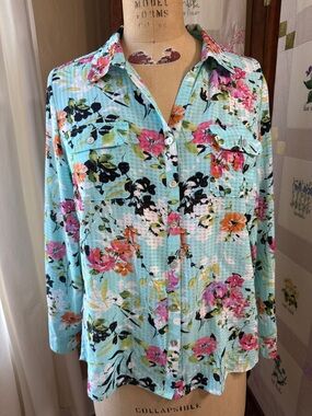 Notations Petite Floral Button Down Shirt PL Aqua Lightweight Cotton Blouse
